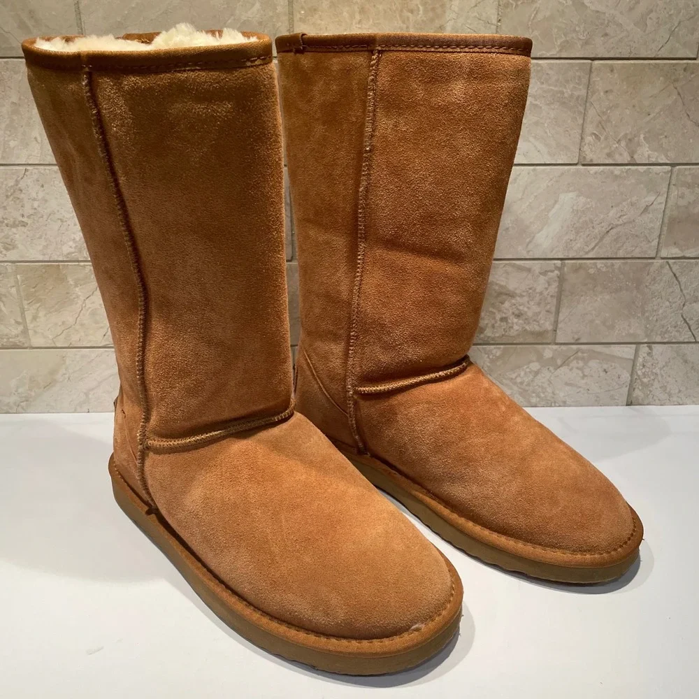 Ausland Women Mid Calf Suede Sheepskin Snow Boots Chestnut Tan Size 8.5 5116 NEW